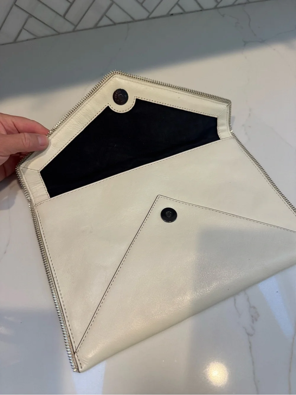 Rebecca Minkoff Cream Envelope Clutch with Stud and Woven Trim